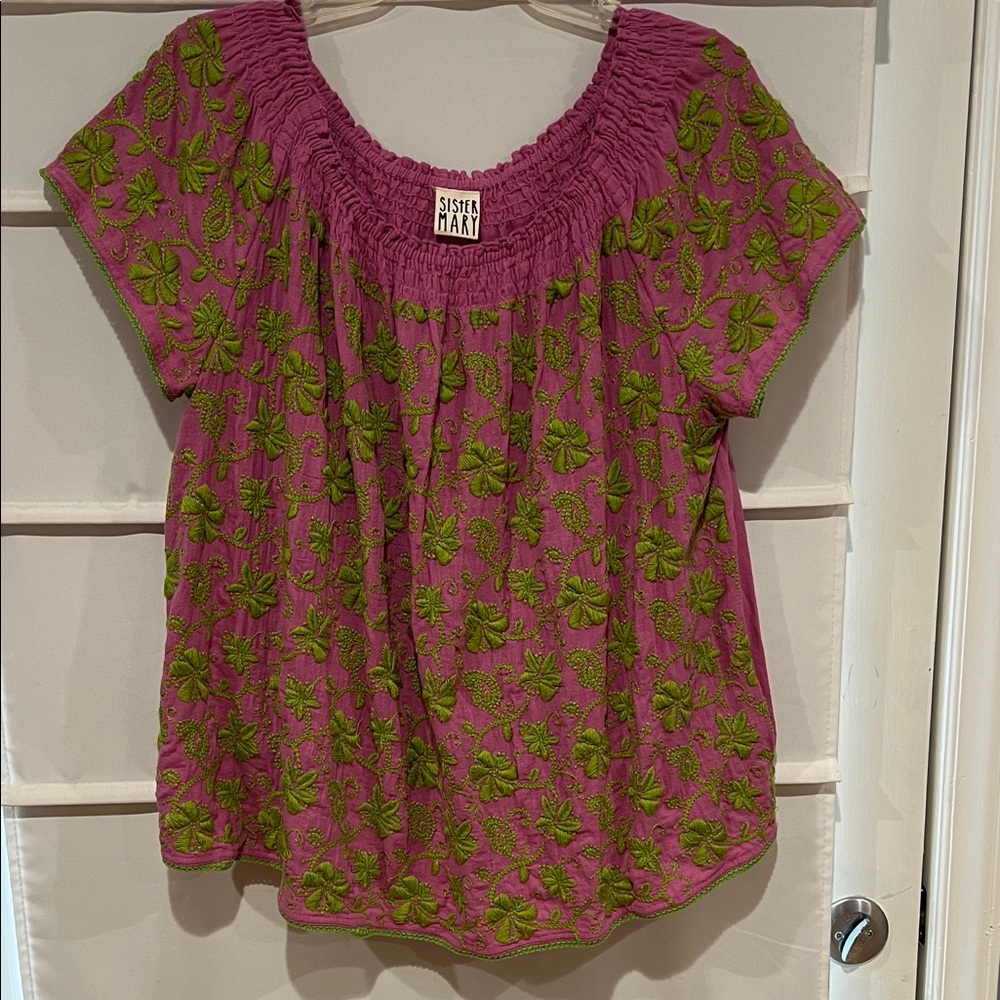Sister Mary Pink and Green Embroidered Blouse